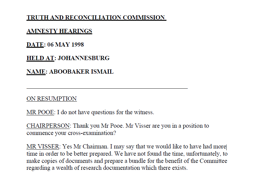 Amnesty hearing, Aboobaker Ismail, 6 May 1998